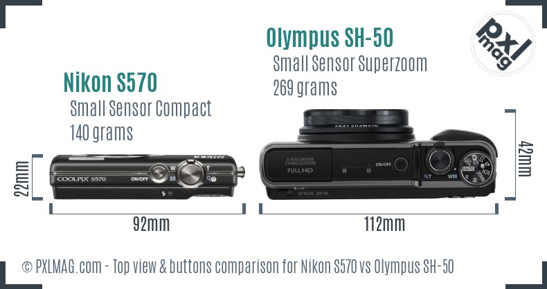 Nikon S570 vs Olympus SH-50 top view buttons comparison