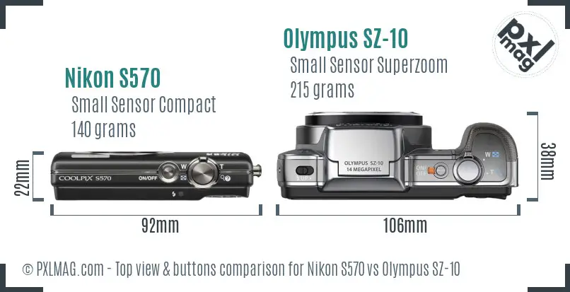 Nikon S570 vs Olympus SZ-10 top view buttons comparison Nikon S570 vs Olympus SZ-10 top view buttons comparison