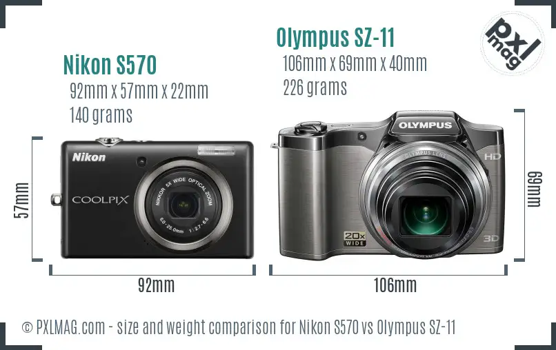 Nikon S570 vs Olympus SZ-11 size comparison