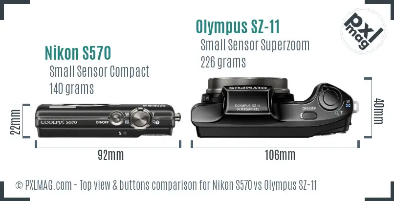 Nikon S570 vs Olympus SZ-11 top view buttons comparison