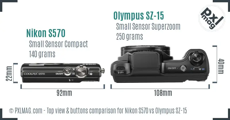 Nikon S570 vs Olympus SZ-15 top view buttons comparison