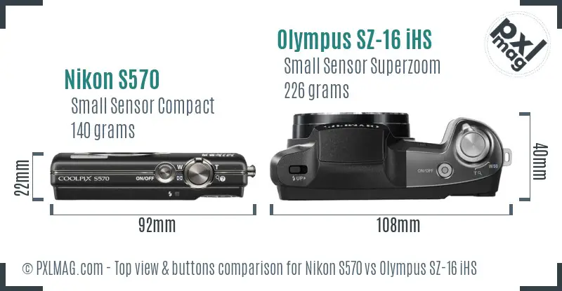 Nikon S570 vs Olympus SZ-16 iHS top view buttons comparison