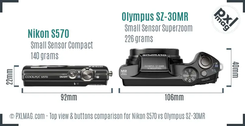 Nikon S570 vs Olympus SZ-30MR top view buttons comparison