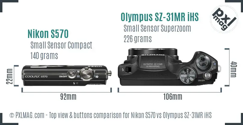 Nikon S570 vs Olympus SZ-31MR iHS top view buttons comparison