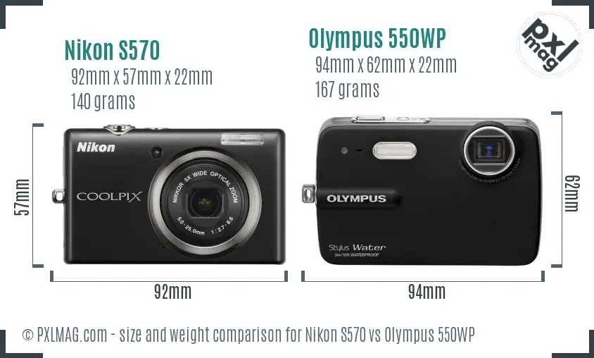 Nikon S570 vs Olympus 550WP size comparison