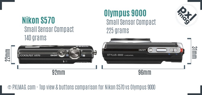Nikon S570 vs Olympus 9000 top view buttons comparison