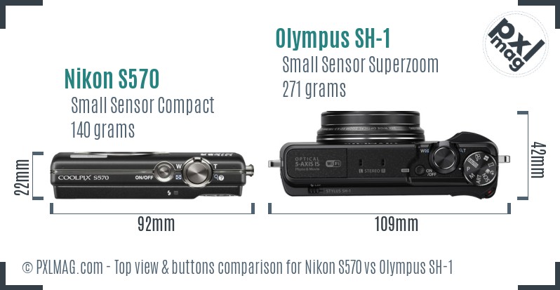 Nikon S570 vs Olympus SH-1 top view buttons comparison