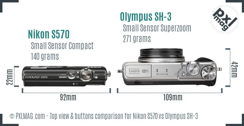 Nikon S570 vs Olympus SH-3 top view buttons comparison Nikon S570 vs Olympus SH-3 top view buttons comparison