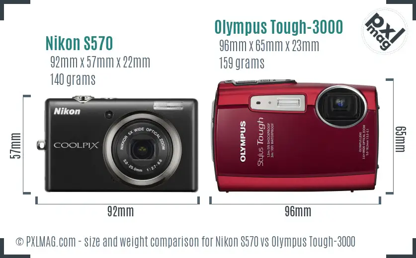 Nikon S570 vs Olympus Tough-3000 size comparison