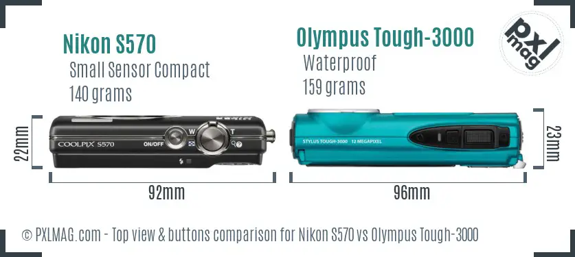 Nikon S570 vs Olympus Tough-3000 top view buttons comparison