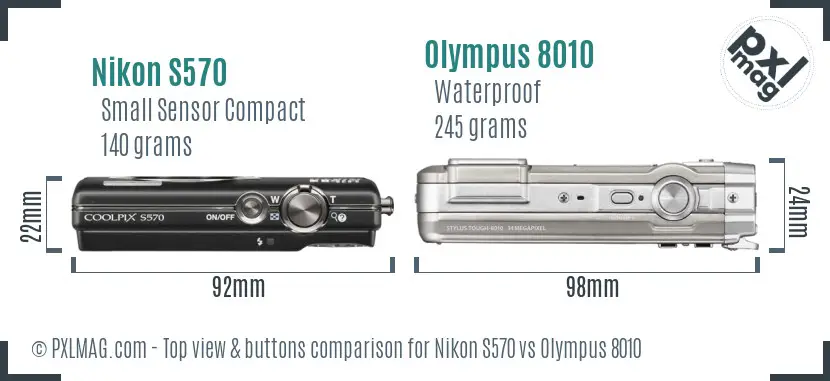 Nikon S570 vs Olympus 8010 top view buttons comparison