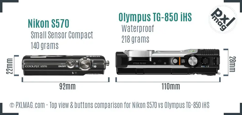 Nikon S570 vs Olympus TG-850 iHS top view buttons comparison Nikon S570 vs Olympus TG-850 iHS top view buttons comparison