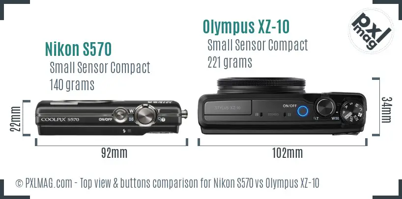 Nikon S570 vs Olympus XZ-10 top view buttons comparison