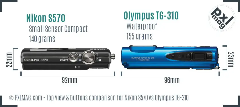 Nikon S570 vs Olympus TG-310 top view buttons comparison