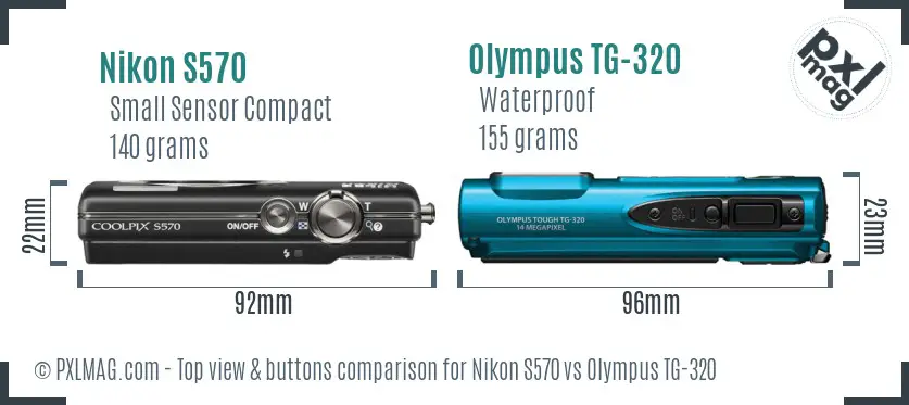 Nikon S570 vs Olympus TG-320 top view buttons comparison