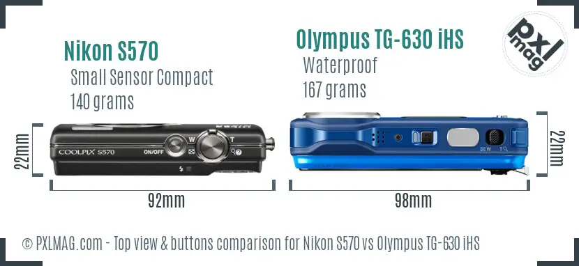 Nikon S570 vs Olympus TG-630 iHS top view buttons comparison Nikon S570 vs Olympus TG-630 iHS top view buttons comparison