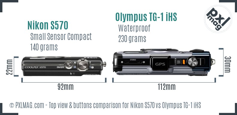 Nikon S570 vs Olympus TG-1 iHS top view buttons comparison