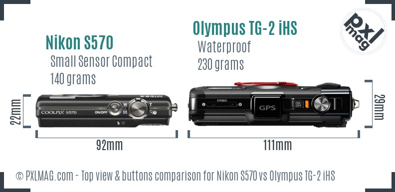 Nikon S570 vs Olympus TG-2 iHS top view buttons comparison