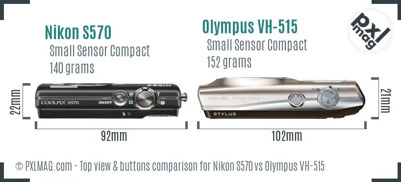 Nikon S570 vs Olympus VH-515 top view buttons comparison