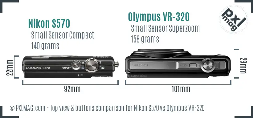 Nikon S570 vs Olympus VR-320 top view buttons comparison