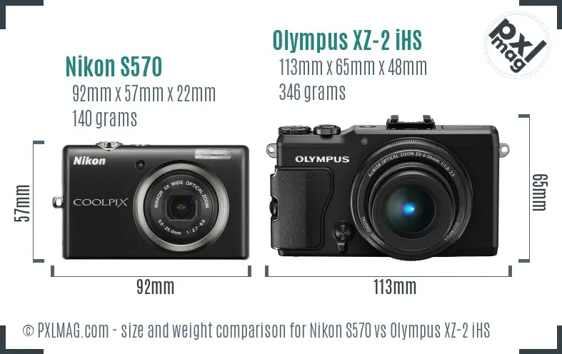 Nikon S570 vs Olympus XZ-2 iHS size comparison