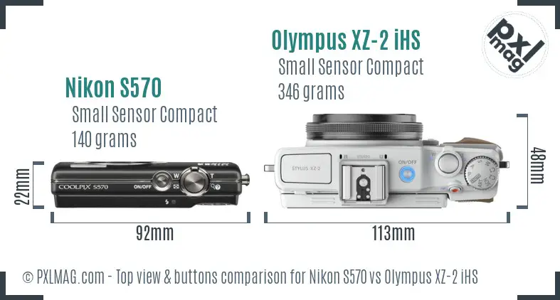 Nikon S570 vs Olympus XZ-2 iHS top view buttons comparison