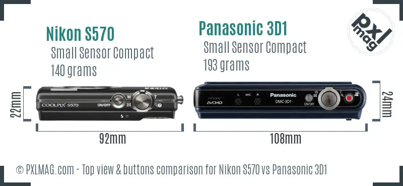 Nikon S570 vs Panasonic 3D1 top view buttons comparison