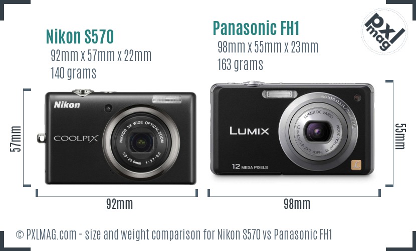 Nikon S570 vs Panasonic FH1 size comparison