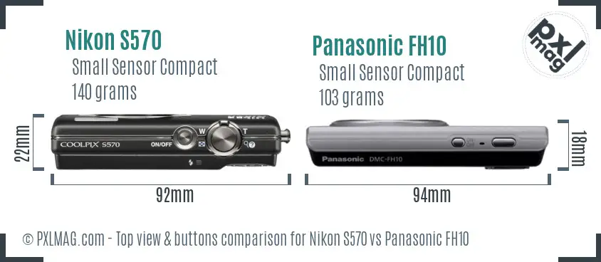 Nikon S570 vs Panasonic FH10 top view buttons comparison Nikon S570 vs Panasonic FH10 top view buttons comparison