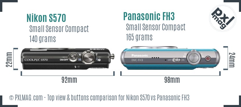 Nikon S570 vs Panasonic FH3 top view buttons comparison