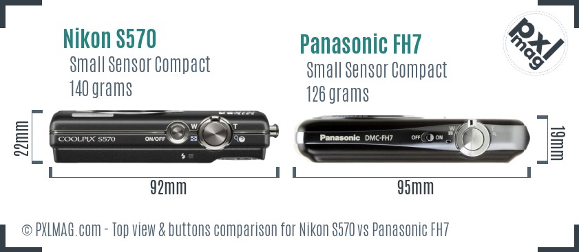 Nikon S570 vs Panasonic FH7 top view buttons comparison
