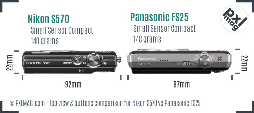 Nikon S570 vs Panasonic FS25 top view buttons comparison
