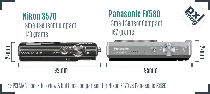 Nikon S570 vs Panasonic FX580 top view buttons comparison Nikon S570 vs Panasonic FX580 top view buttons comparison