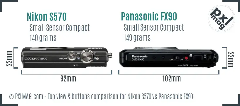 Nikon S570 vs Panasonic FX90 top view buttons comparison