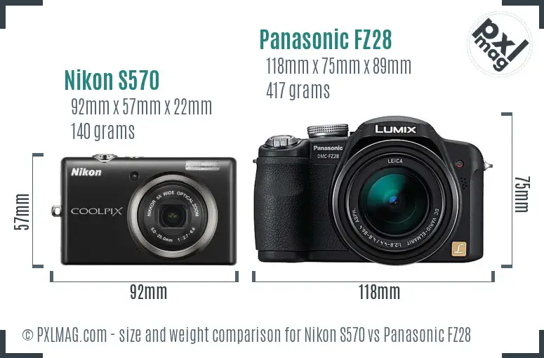 Nikon S570 vs Panasonic FZ28 size comparison