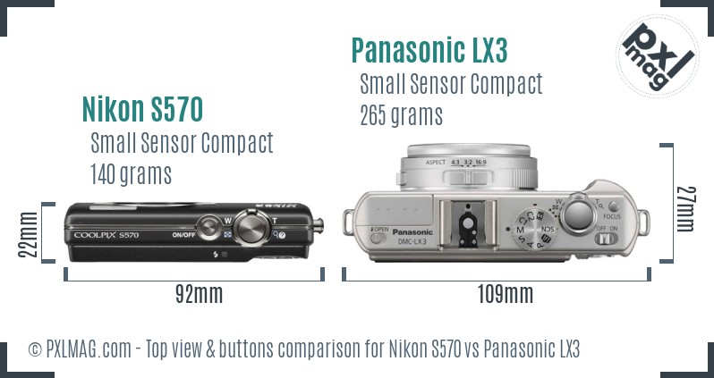 Nikon S570 vs Panasonic LX3 top view buttons comparison