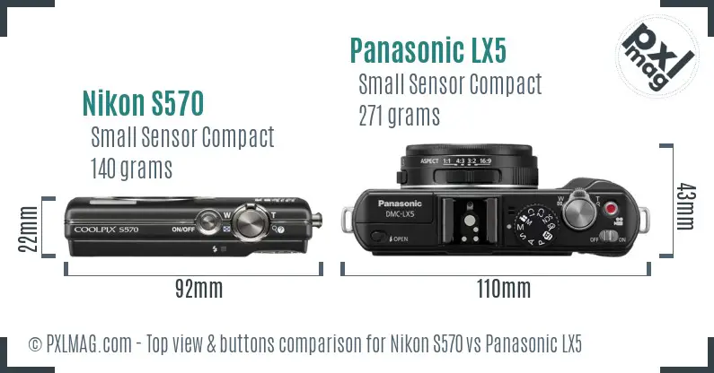 Nikon S570 vs Panasonic LX5 top view buttons comparison