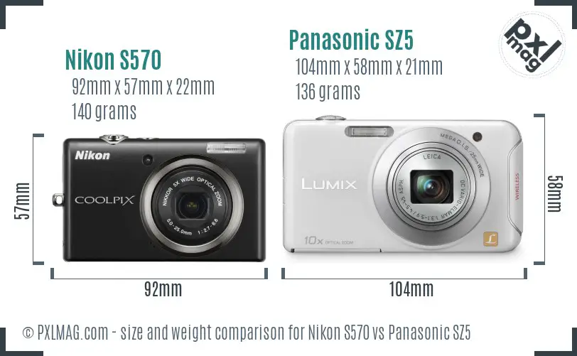 Nikon S570 vs Panasonic SZ5 size comparison