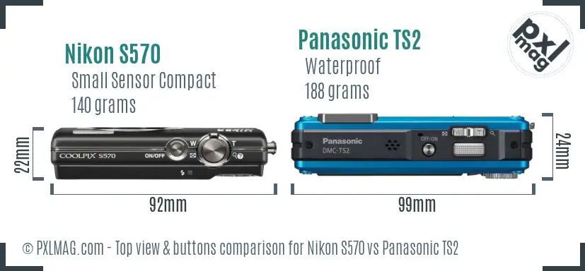 Nikon S570 vs Panasonic TS2 top view buttons comparison