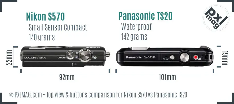 Nikon S570 vs Panasonic TS20 top view buttons comparison