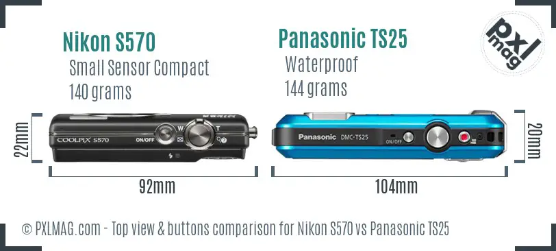 Nikon S570 vs Panasonic TS25 top view buttons comparison