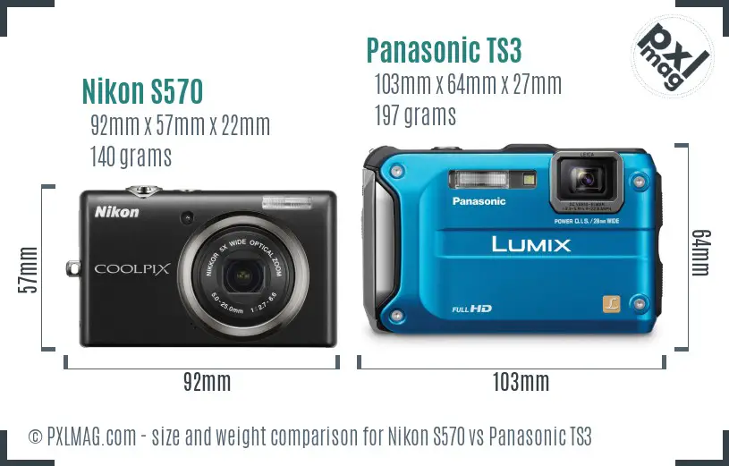 Nikon S570 vs Panasonic TS3 size comparison