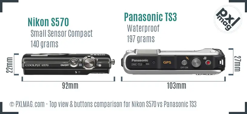 Nikon S570 vs Panasonic TS3 top view buttons comparison