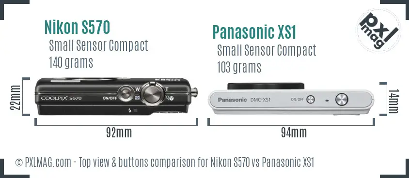 Nikon S570 vs Panasonic XS1 top view buttons comparison Nikon S570 vs Panasonic XS1 top view buttons comparison