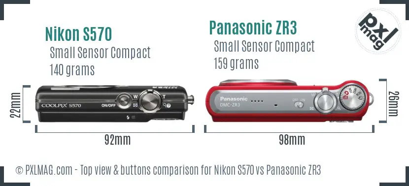 Nikon S570 vs Panasonic ZR3 top view buttons comparison
