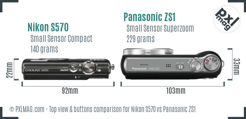Nikon S570 vs Panasonic ZS1 top view buttons comparison