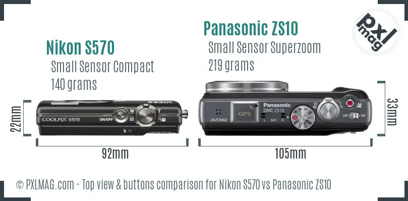 Nikon S570 vs Panasonic ZS10 top view buttons comparison