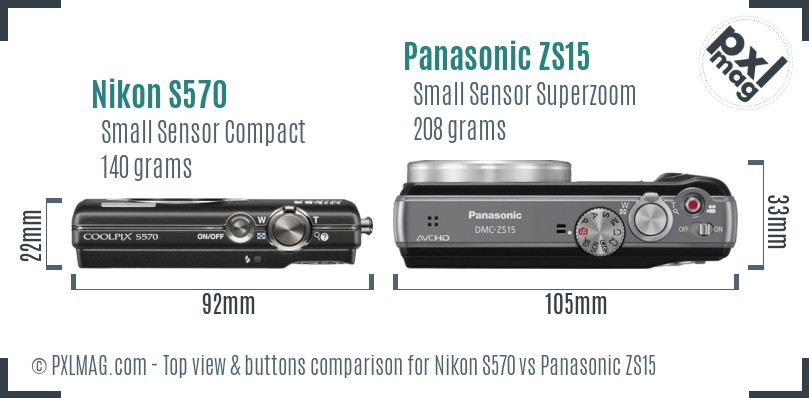 Nikon S570 vs Panasonic ZS15 top view buttons comparison