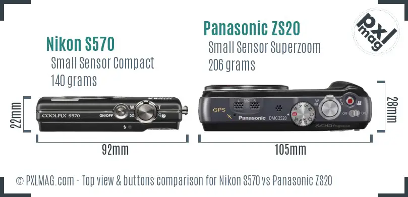 Nikon S570 vs Panasonic ZS20 top view buttons comparison