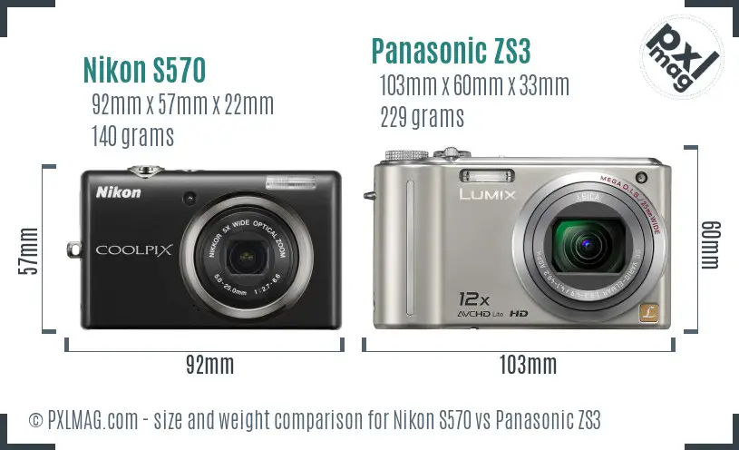 Nikon S570 vs Panasonic ZS3 size comparison